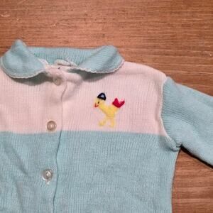 Vintage Baby Sweater Little Tykes NB Blue White Bird Knit Collared Buttoned